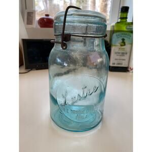 Lustre R.E. Tongue & Bros. Philaelphia Blue 1 Qt. Wire Bail Canning Jar w Lid